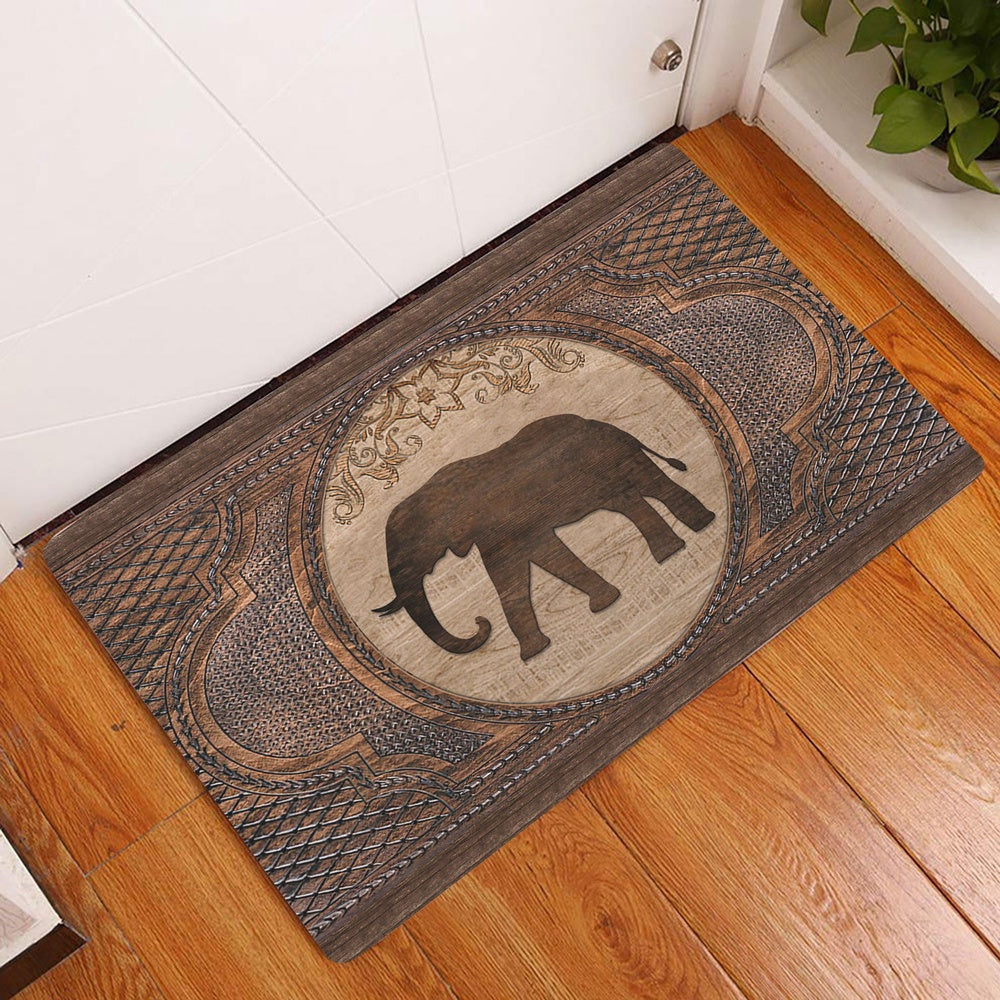 Elephant Welcome Doormat, Elephant Sculpture Wood Pattern Animal Lovers Welcome Doormat, Pets Home Decor Door Mat
