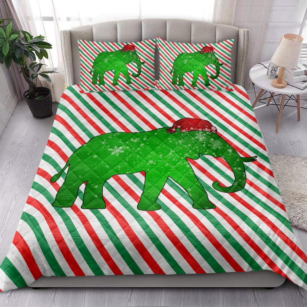 Elephantmas Hat Cane Candy Stripes Shiny Green Winter Holiday Bedding Set, Christmas Beddings, Xmas Bedding Sets