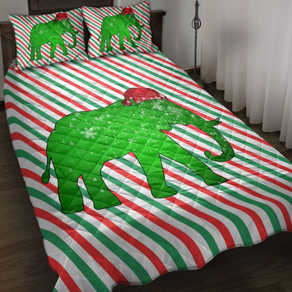 Elephantmas Hat Cane Candy Stripes Shiny Green Winter Holiday Bedding Set, Christmas Beddings, Xmas Bedding Sets