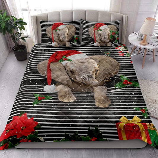 Elephantmas Striped With Santa Hat And Holy Berry Snowflake Bedding Set, Christmas Beddings, Xmas Bedding Sets