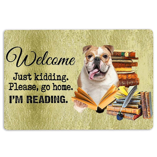 English Bulldog Welcome Doormat, English Bulldog And Book Please Go Home I'm Reading Welcome Doormat, Pets Home Decor Door Mat