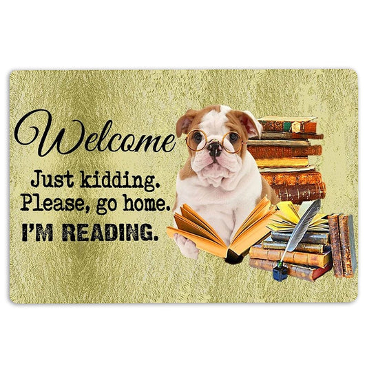 English Bulldog Welcome Doormat, English Bulldog Dog And Book Please Go Home I'm Reading Welcome Doormat, Pets Home Decor Door Mat