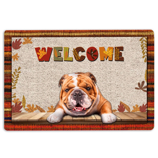 English Bulldog Welcome Doormat, English Bulldog Dog Welcome Fall Autumn Pumpkin Spice Maple Leaf Welcome Doormat, Pets Home Decor Door Mat