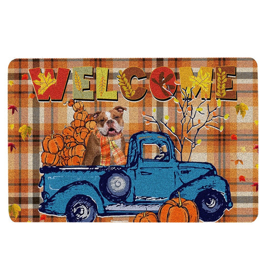 English Bulldog Welcome Doormat, English Bulldog Pumpkin Truck Happy Fall Y'all Autumn Welcome Doormat, Pets Home Decor Door Mat