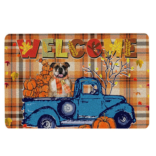 English Bulldog Welcome Doormat, English Bulldog Pumpkin Truck Welcome Autumn Happy Fall Y'all Welcome Doormat, Pets Home Decor Door Mat
