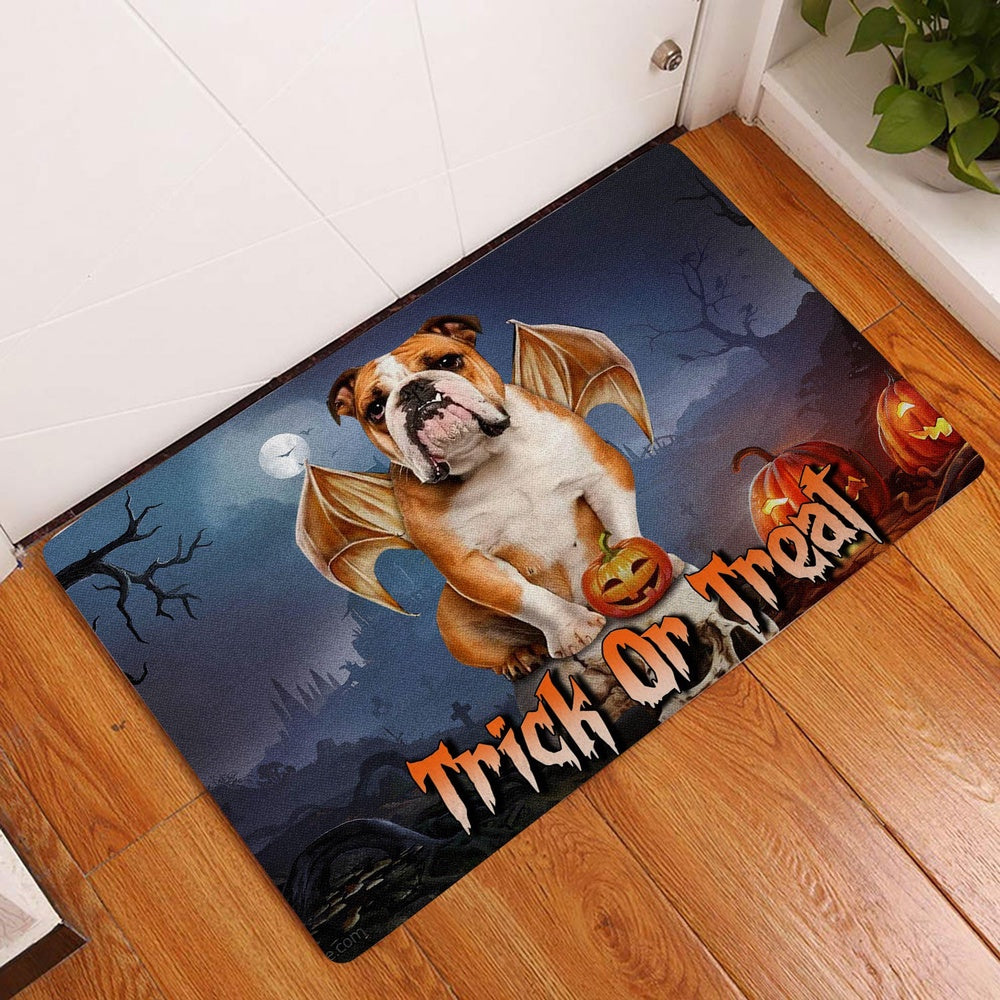 English Bulldog Welcome Doormat, English Bulldog Trick Or Treat Boo Halloween Moon Night Pumpkin Welcome Doormat, Pets Home Decor Door Mat