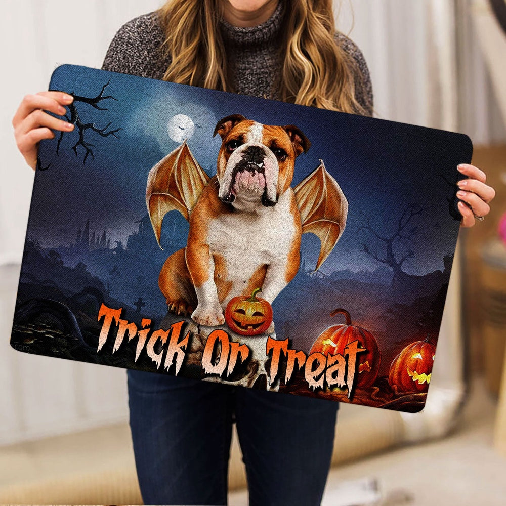 English Bulldog Welcome Doormat, English Bulldog Trick Or Treat Boo Halloween Moon Night Pumpkin Welcome Doormat, Pets Home Decor Door Mat