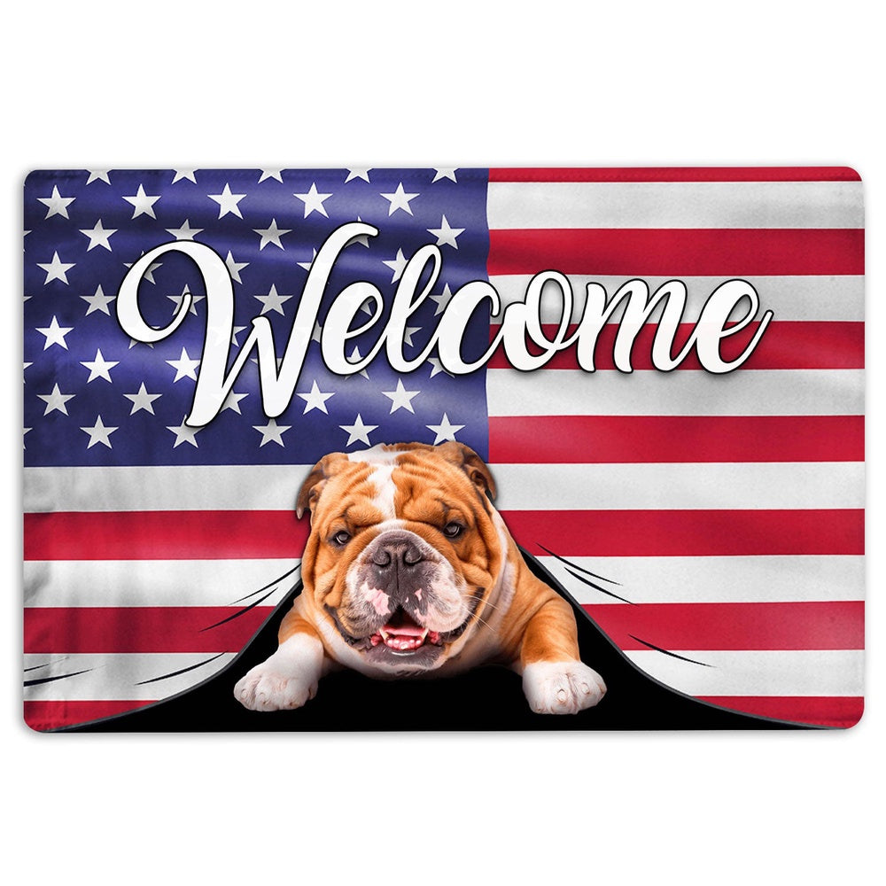 English Bulldog Welcome Doormat, Funny English Bulldog Welcome American Flag USA Patriotic Welcome Doormat, Pets Home Decor Door Mat