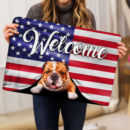English Bulldog Welcome Doormat, Funny English Bulldog Welcome American Flag USA Patriotic Welcome Doormat, Pets Home Decor Door Mat