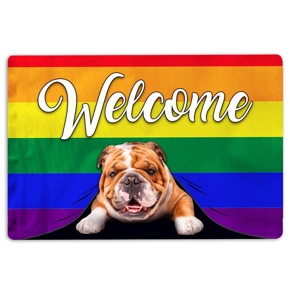 English Bulldog Welcome Doormat, LGBT English Bulldog Welcome Pride Rainbow Flag Welcome Doormat, Pets Home Decor Door Mat