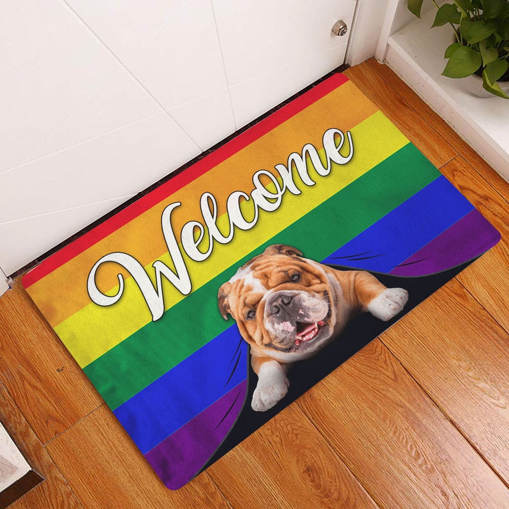 English Bulldog Welcome Doormat, LGBT English Bulldog Welcome Pride Rainbow Flag Welcome Doormat, Pets Home Decor Door Mat