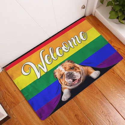 English Bulldog Welcome Doormat, LGBT English Bulldog Welcome Pride Rainbow Flag Welcome Doormat, Pets Home Decor Door Mat