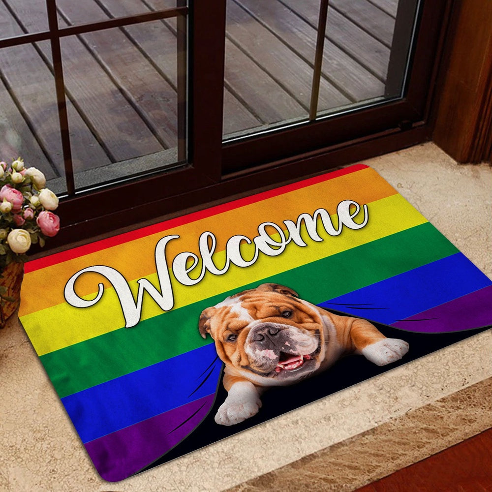 English Bulldog Welcome Doormat, LGBT English Bulldog Welcome Pride Rainbow Flag Welcome Doormat, Pets Home Decor Door Mat