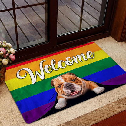 English Bulldog Welcome Doormat, LGBT English Bulldog Welcome Pride Rainbow Flag Welcome Doormat, Pets Home Decor Door Mat
