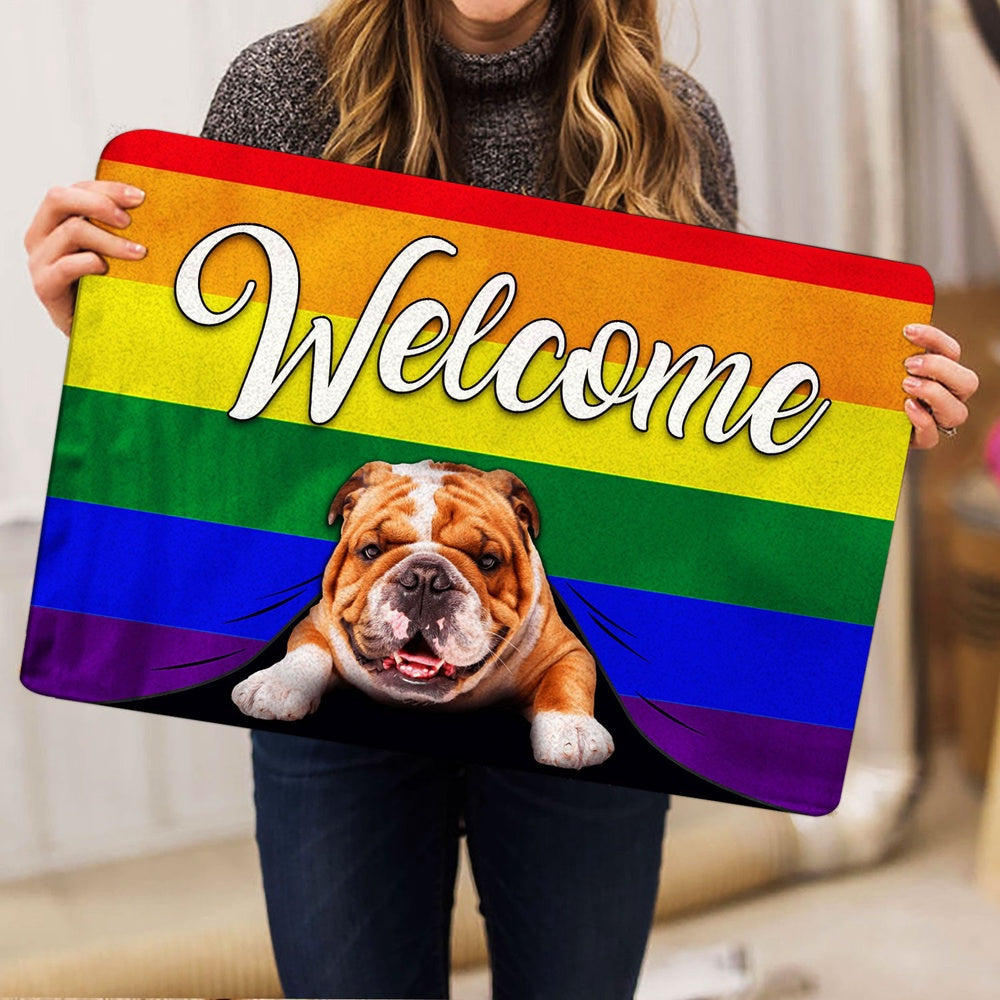 English Bulldog Welcome Doormat, LGBT English Bulldog Welcome Pride Rainbow Flag Welcome Doormat, Pets Home Decor Door Mat