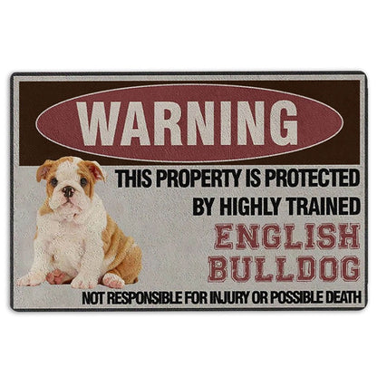 English Bulldog Welcome Doormat, This Property is Protected by a Highly Trained English Bulldog Welcome Doormat, Pets Home Decor Door Mat