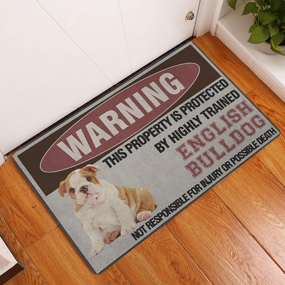 English Bulldog Welcome Doormat, This Property is Protected by a Highly Trained English Bulldog Welcome Doormat, Pets Home Decor Door Mat