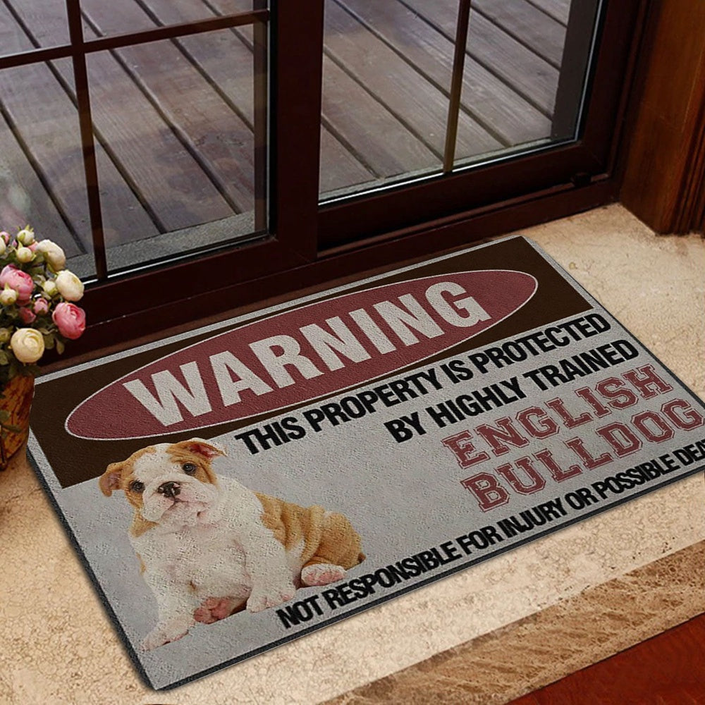 English Bulldog Welcome Doormat, This Property is Protected by a Highly Trained English Bulldog Welcome Doormat, Pets Home Decor Door Mat
