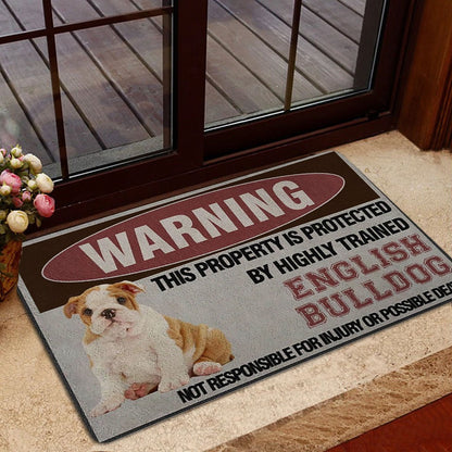 English Bulldog Welcome Doormat, This Property is Protected by a Highly Trained English Bulldog Welcome Doormat, Pets Home Decor Door Mat