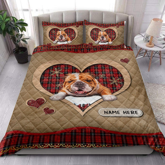 English Bulldogmas Heart Red Plaid Bedding Set, Christmas Beddings, Xmas Bedding Sets