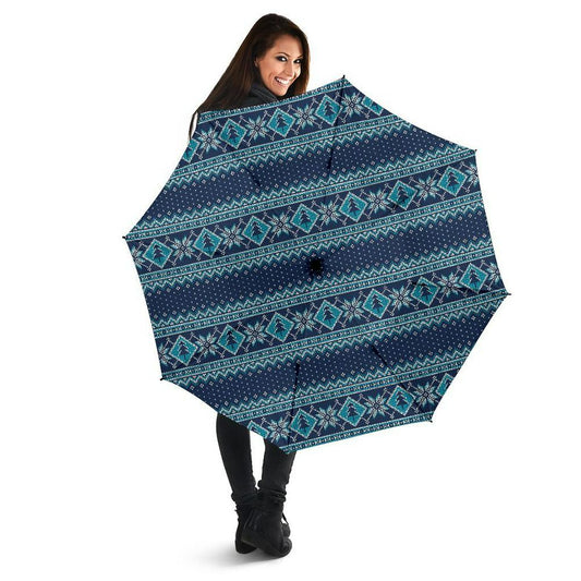 Fairisle Christmas Pattern Print Automatic Foldable Umbrella, Christmas Umbrella, Xmas Umbrella