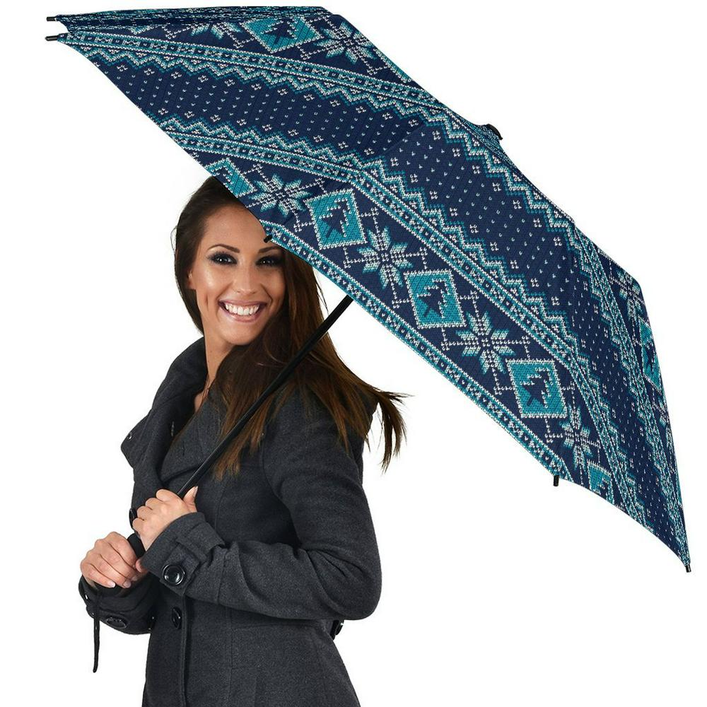 Fairisle Christmas Pattern Print Automatic Foldable Umbrella, Christmas Umbrella, Xmas Umbrella