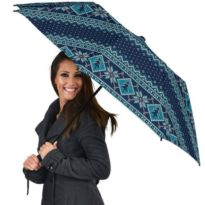 Fairisle Christmas Pattern Print Automatic Foldable Umbrella, Christmas Umbrella, Xmas Umbrella