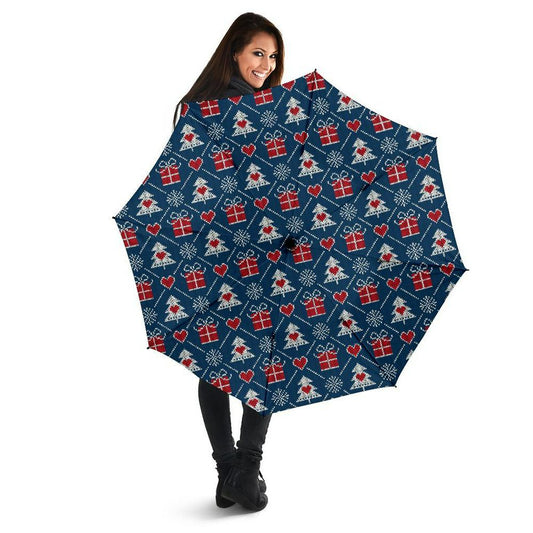 Fairisle Gift Christmas Pattern Print Automatic Foldable Umbrella, Christmas Umbrella, Xmas Umbrella