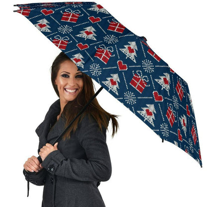 Fairisle Gift Christmas Pattern Print Automatic Foldable Umbrella, Christmas Umbrella, Xmas Umbrella
