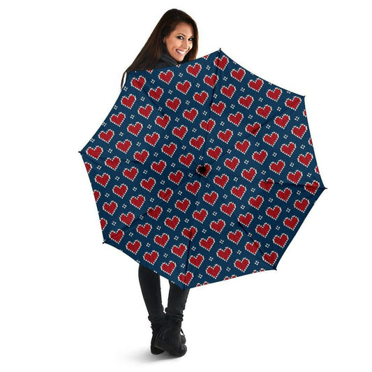 Fairisle Heart Christmas Pattern Print Automatic Foldable Umbrella, Christmas Umbrella, Xmas Umbrella