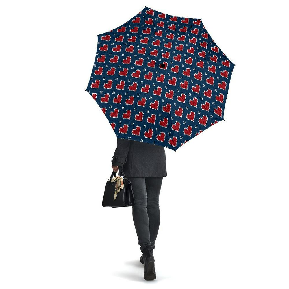 Fairisle Heart Christmas Pattern Print Automatic Foldable Umbrella, Christmas Umbrella, Xmas Umbrella