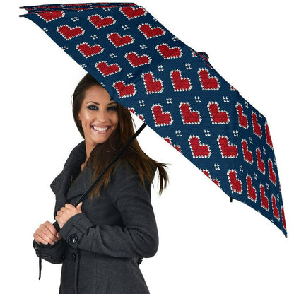Fairisle Heart Christmas Pattern Print Automatic Foldable Umbrella, Christmas Umbrella, Xmas Umbrella