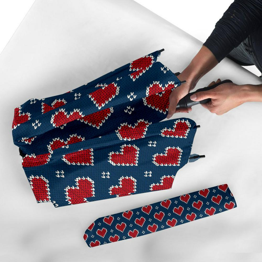 Fairisle Heart Christmas Pattern Print Automatic Foldable Umbrella, Christmas Umbrella, Xmas Umbrella