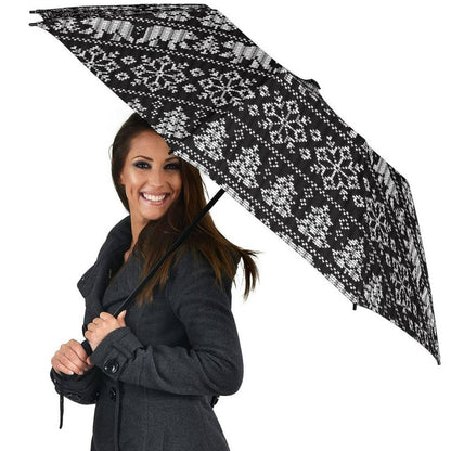 Fairisle Polar Bear Christmas Pattern Print Automatic Foldable Umbrella, Christmas Umbrella, Xmas Umbrella