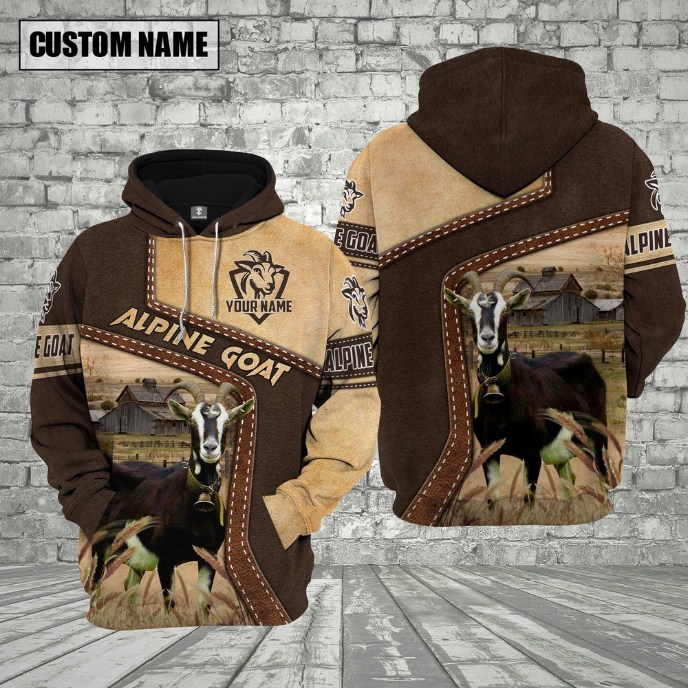 Farm Alpine Goat Brown Leather Pattern Custom Name 3D Shirts, Farmer Hoodie, Custom Farm Shirts, Farmer T Shirt