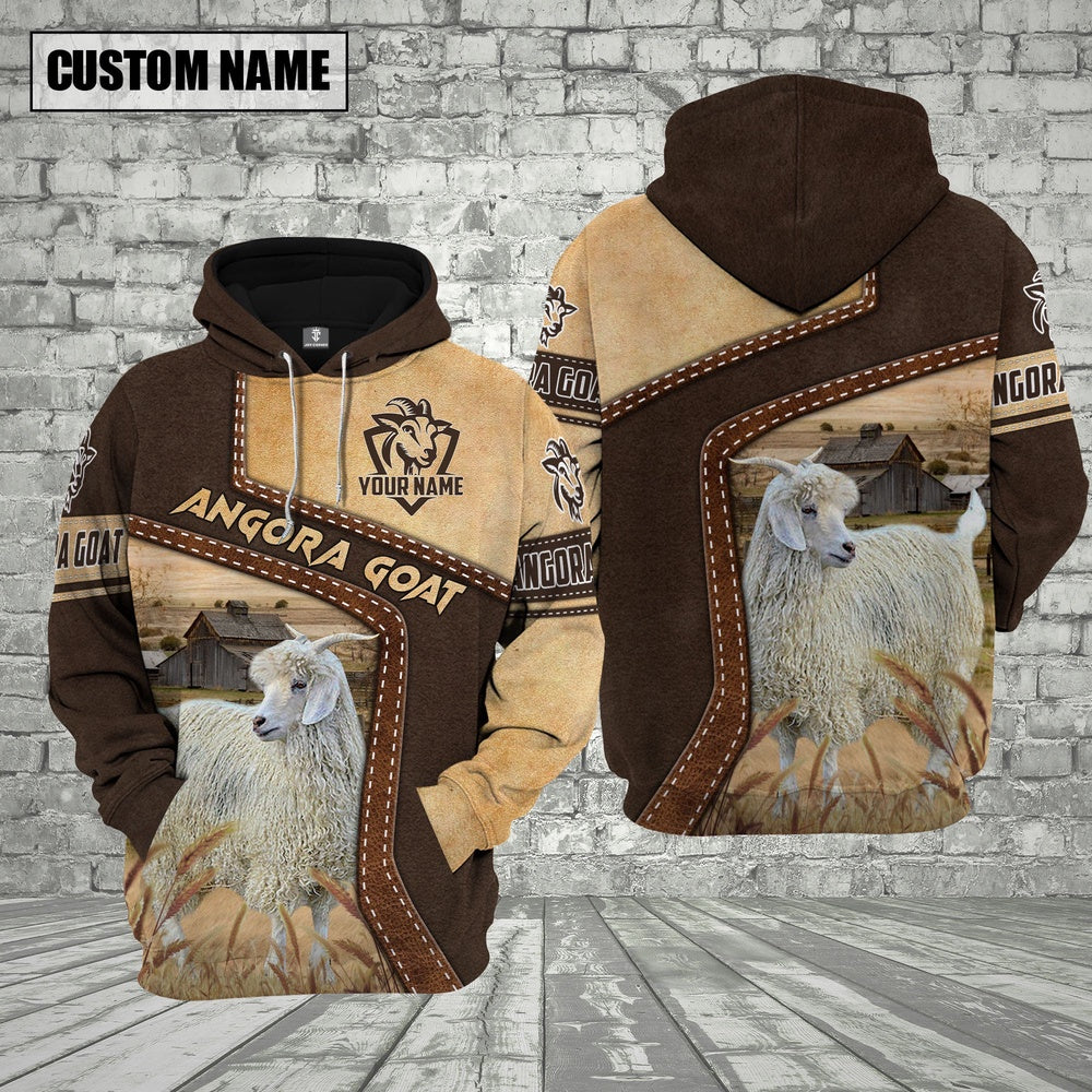 Farm Angora Goat Brown Leather Pattern Custom Name 3D Shirts, Farmer Hoodie, Custom Farm Shirts, Farmer T Shirt