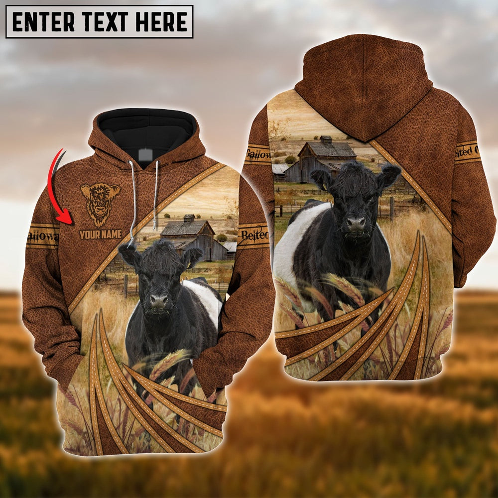 Farm Belted Galloway Cattle Leather Pattern 3D Custom Name Printed Shirts, Farmer Hoodie, Custom Farm Shirts, Farmer T Shirt
