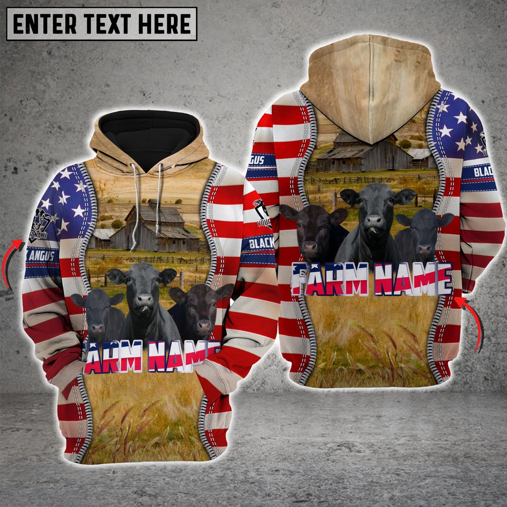Farm Black Angus America Pride Custom Name And Farm Name 3D Shirts, Farmer Hoodie, Custom Farm Shirts, Farmer T Shirt