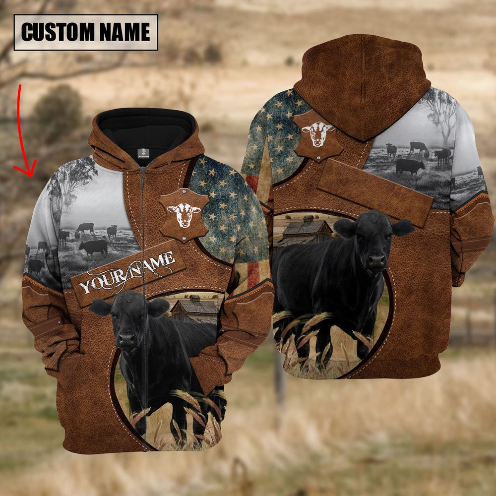 Farm Black Angus American Leather Pattern 3D Custom Name Shirts, Farmer Hoodie, Custom Farm Shirts, Farmer T Shirt