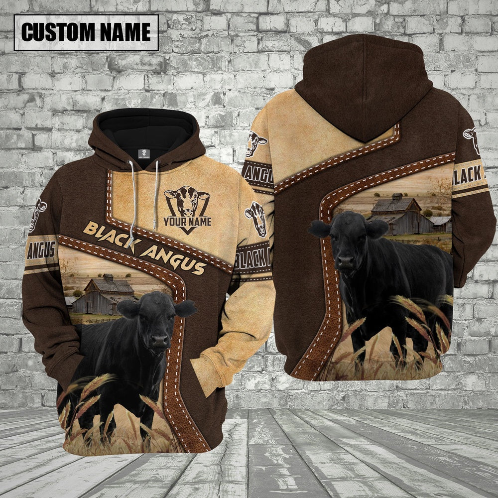 Farm Black Angus Brown Leather Pattern Custom Name 3D Shirts, Farmer Hoodie, Custom Farm Shirts, Farmer T Shirt