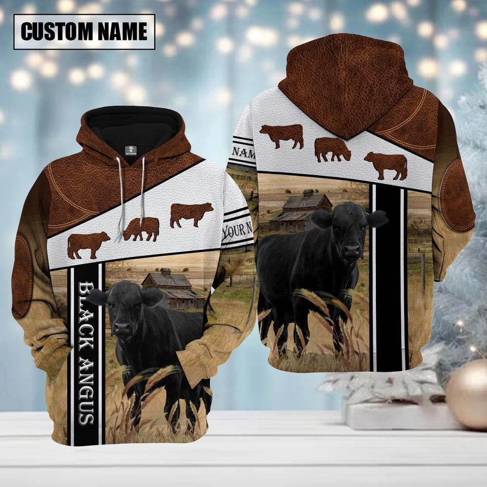 Farm Black Angus Brown Leather Pattern Custom Name Shirts, Farmer Hoodie, Custom Farm Shirts, Farmer T Shirt