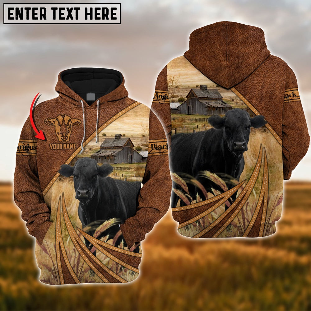 Farm Black Angus Cattle Leather Pattern 3D Custom Name Printed Shirts, Farmer Hoodie, Custom Farm Shirts, Farmer T Shirt