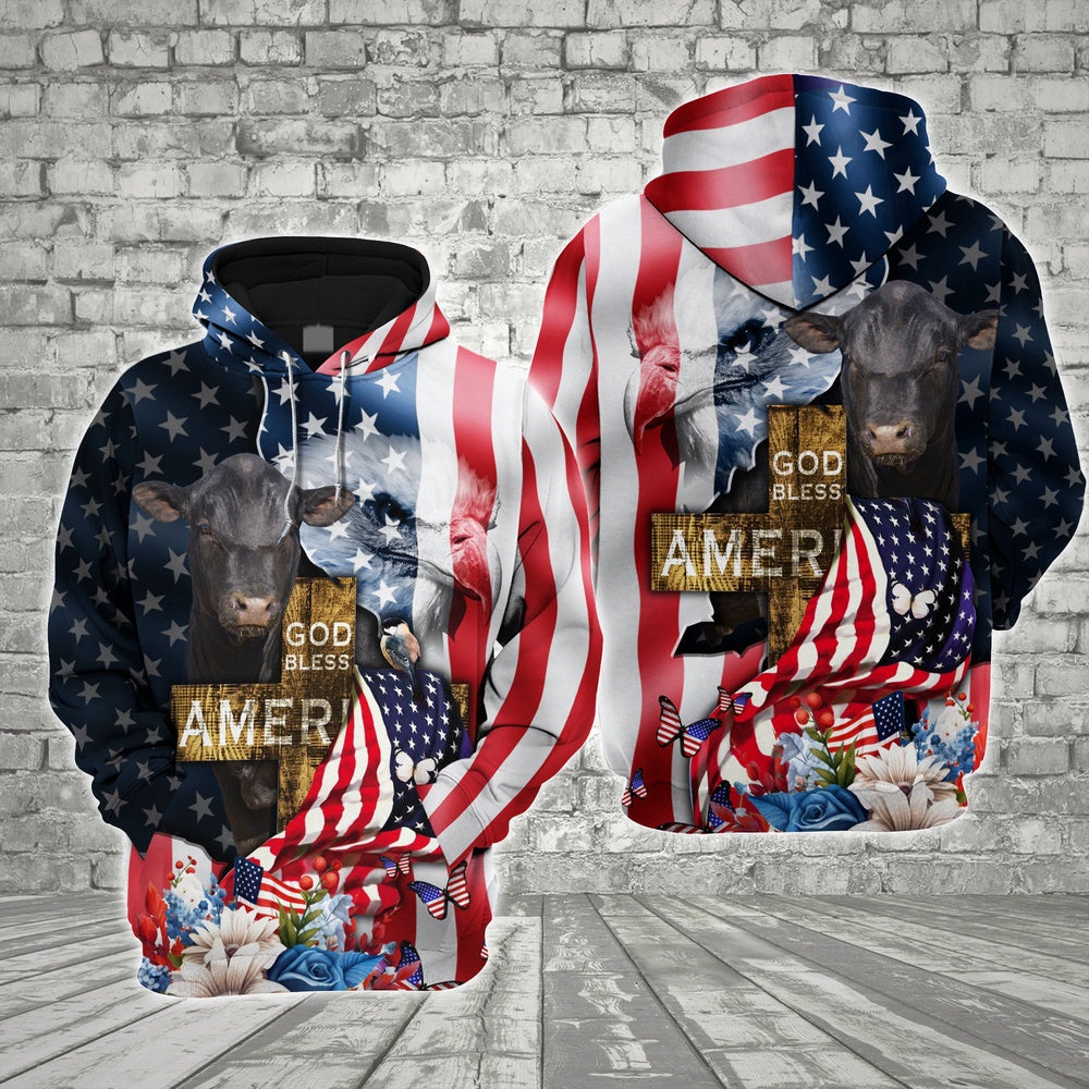 Farm Black Angus Cross God Bless America 3D Shirts, Farmer Hoodie, Farm Themed Shirts, Farm Tee Shirts