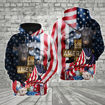Farm Black Angus Cross God Bless America 3D Shirts, Farmer Hoodie, Farm Themed Shirts, Farm Tee Shirts