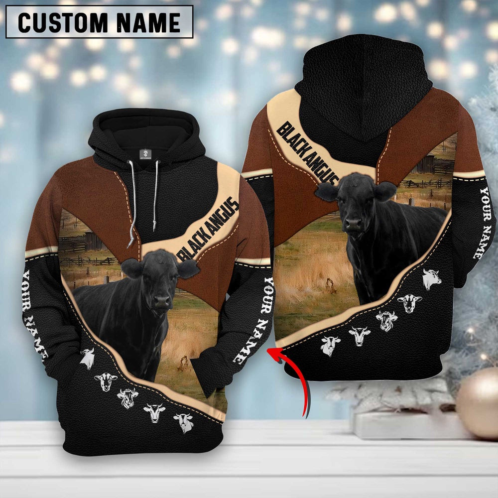 Farm Black Angus Leather Pattern Custom Name 3D Shirts, Farmer Hoodie, Custom Farm Shirts, Farmer T Shirt