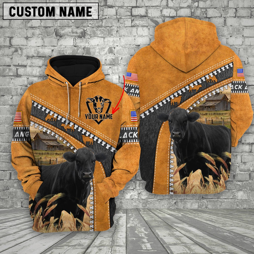 Farm Black Angus Leather Zip Pattern Custom Name 3D Shirts, Farmer Hoodie, Custom Farm Shirts, Farmer T Shirt