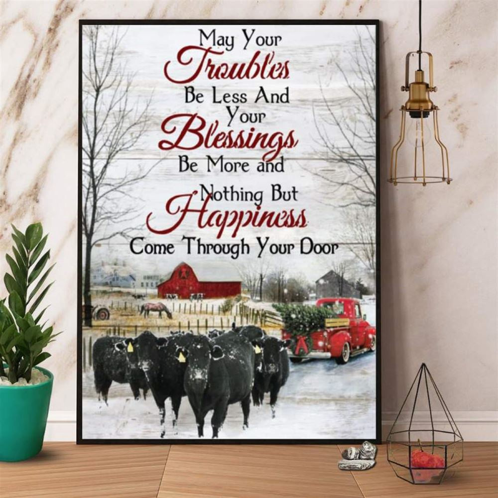 Farm Black Angus Trouble Blessing Happiness Come Through Your Door Red Truck Canvas, Farm Canvas, Farm Art Decor