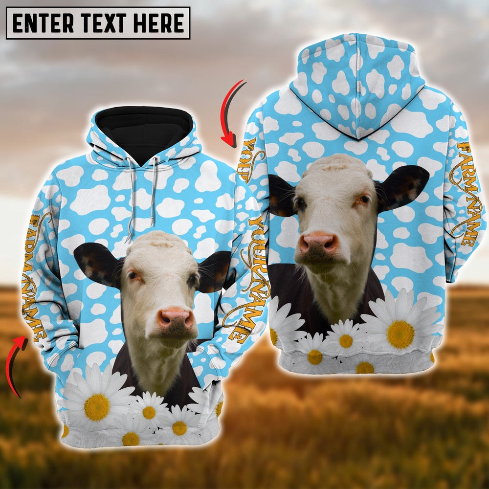 Farm Black Baldy Cattle Daisy Pattern Customize Name 3D Shirts, Farmer Hoodie, Custom Farm Shirts, Farmer T Shirt