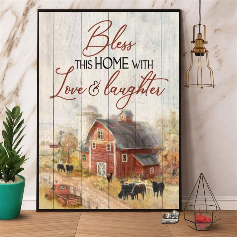 Farm Bless This Home With Love And Laughter Cow &Amp Farm House Red Truck Canvas, Farm Canvas, Farm Art Decor
