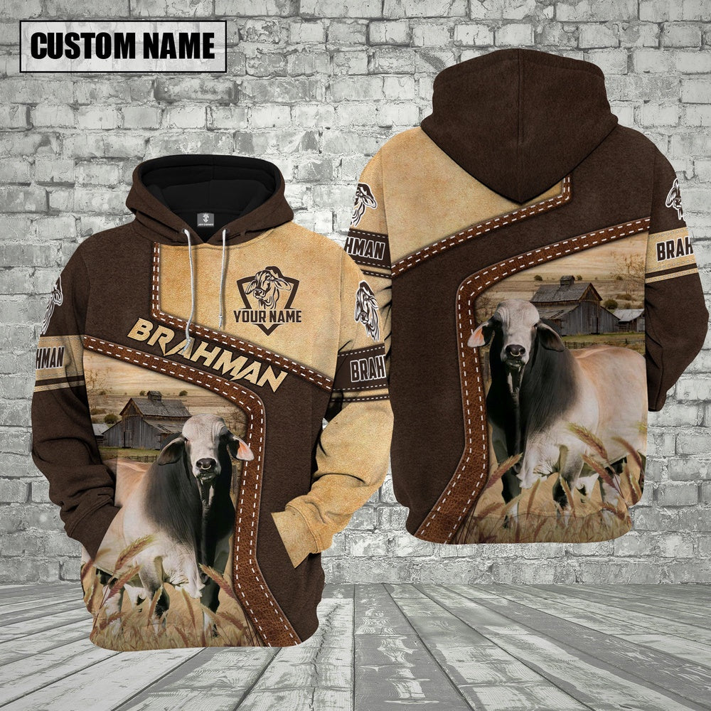 Farm Brahman Cattle Brown Leather Pattern Custom Name 3D Shirts, Farmer Hoodie, Custom Farm Shirts, Farmer T Shirt